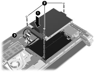 4. Хванете палеца на конектора на кабела на твърдия диск (3), след което внимателно натиснете конектора на кабела на твърдия диск в дънната платка, докато щракне намясто. 5.