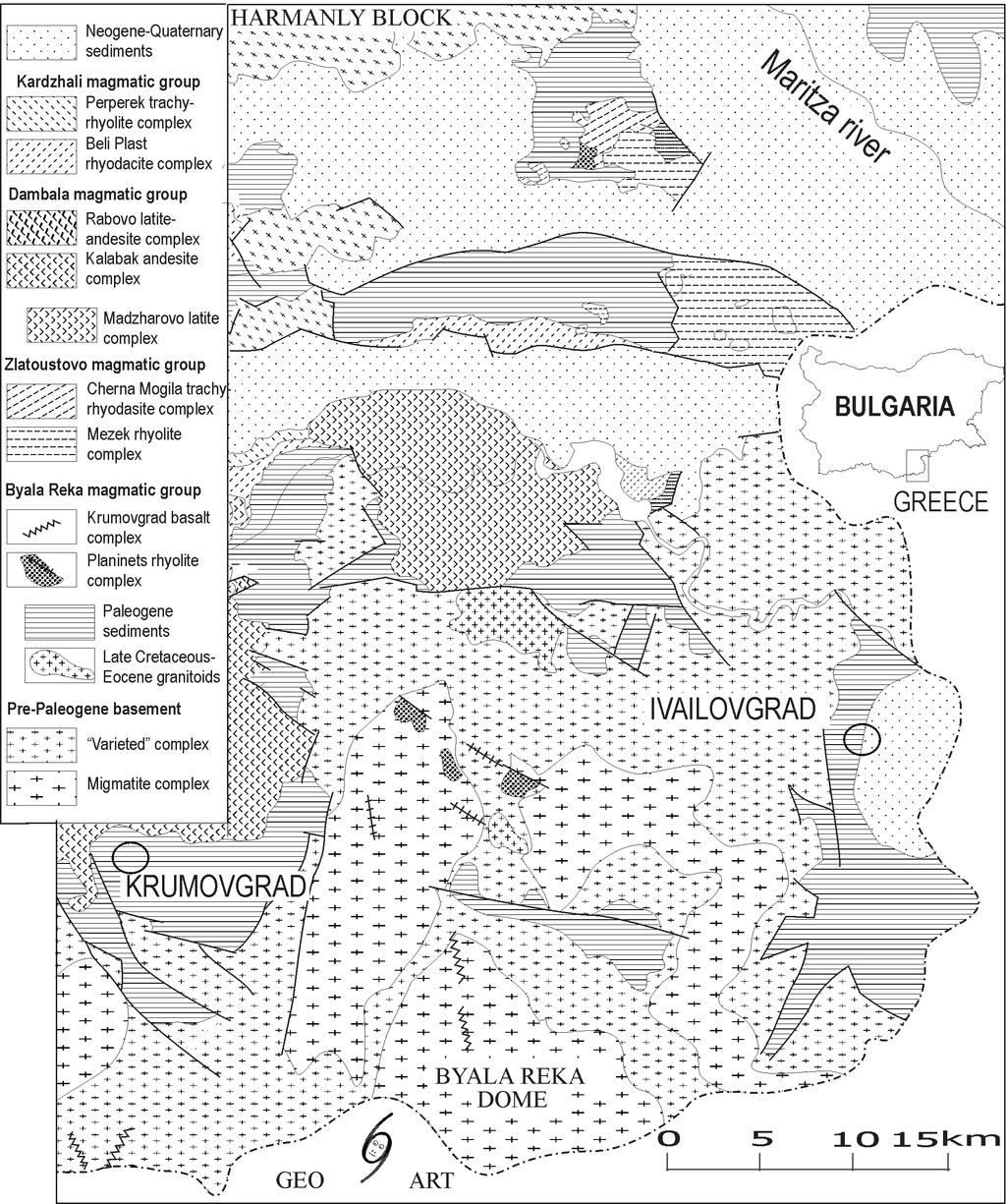 Фиг. 1. Геоложка карта на разглеждания район Обект на изследване в настоящата работа е магматизма от късноекстензионния етап.