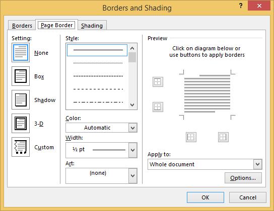 Borders: Settings задава как да бъде приложена рамката Style задава стила на рамката Color е
