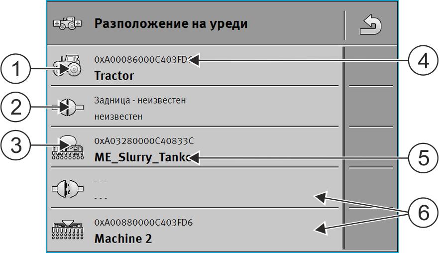 5 Работен процес с ISOBUS-TC Стъпка 5: Използване на приложение ISOBUS-TC по време на работа Символ на трактора Има връзка между трактора и контролера - свързани уреди.