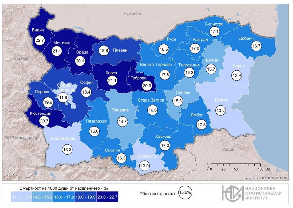 Фиг. 6. Коефициент на смъртност по области през 2017 година През 2017 г. в област Добрич са починали 18 деца на възраст до една година, а коефициентът на детска смъртност 5 е 12.9.
