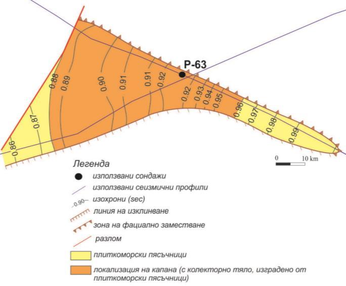 А Б Фиг. 14 А. Изохронна структурна карта по горнището на колекторното тяло Е 3-4 (плиткоморски пясъчници), по протежение на сеизмични профили 30681 и 790680 Б.