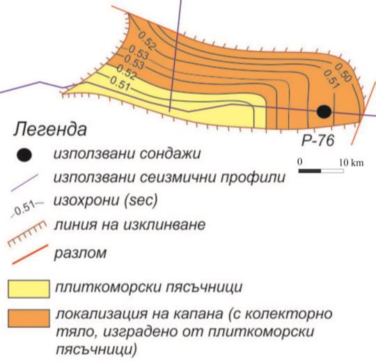 А Б Фиг. 16 А. Изохронна структурна карта по горнището на колекторното тяло Е 3-3 (плиткоморски пясъчници), по протежение на сеизмични профили 20681 и 270682 Б.