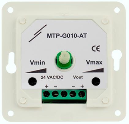 РАБОТНА ХАРАКТЕРИСТИКА MTP-G010-AT Изход [VDC] 10 VDC 7 VDC Vmax Vmin 3 VDC 0 VDC Изкл. Мин. Позиция на потенциометъра Вкл. Макс.