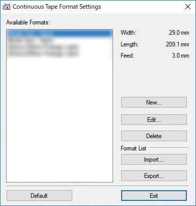Можете да промените формата на етикета или да създадете нов формат на етикет от диалоговия прозорец Continuous Tape Format (Формат на непрекъснатата