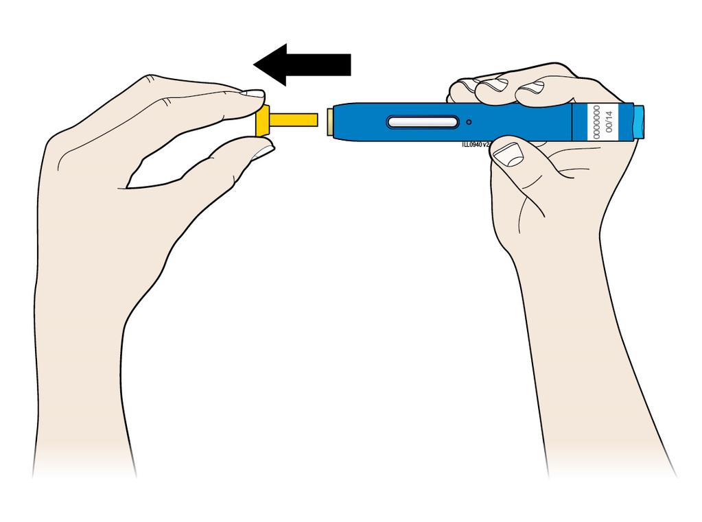 Стъпка 2: Пригответе се Д. Издърпайте жълтата капачка на иглата по посока на иглата, когато сте готови да инжектирате. Нормално е да видите капка течност на върха на иглата или на жълтия предпазител.