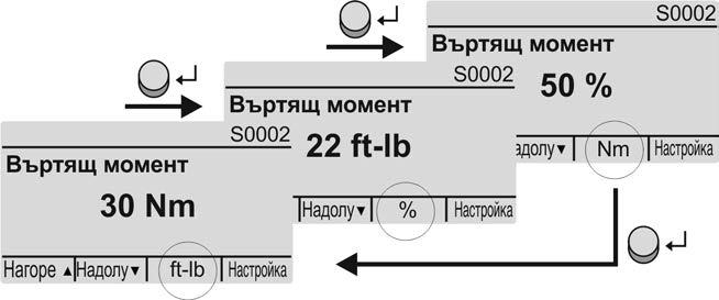 Индикации Въртящ момент (S0002) Индикацията S0002 показва въртящия момент на вала. След около 3 секунди се появява лентова индикация.