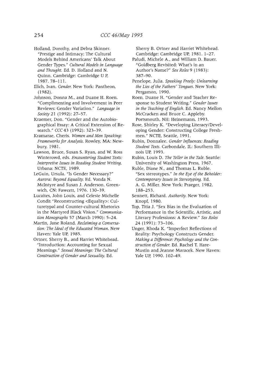 254 CCC 46/May 1995 Holland, Dorothy, and Debra Skinner. "Prestige and Intimacy: The Cultural Models Behind Americans' Talk About Gender Types." Cultural Models in Language and Thought. Ed. D. Holland and N.