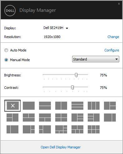Използване на диалогов прозорец за настройки Щракването върху областта за уведомяване на Dell Display Manager отваря диалогов прозорец за бързи настройки.