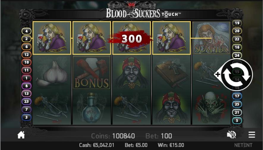 ДИЗАЙН НА ИГРАТА Тема и графика на играта Елементи на ротативката Bloodsuckers е призрачна ротативка с невероятна графика и анимирани символи. Темата е тази от сериалите за вампири.
