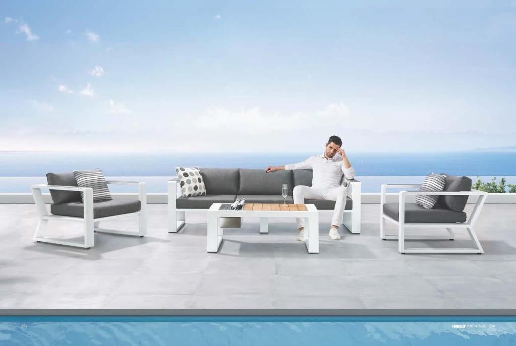 Exee-1 алуминиев сет от 4 части - 2 кресла 89x84x61cm - 1 3-местен диван 227x84x61cm - 1 маса за кафе 110x81,5x41cm - Цвят на алуминиевата конструкция: Бял със