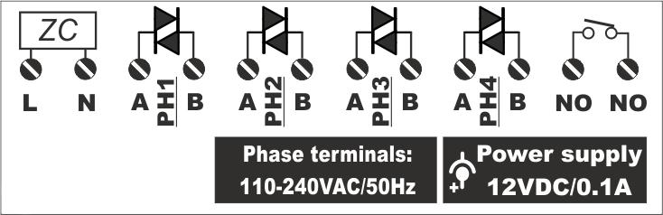12. Характеристики на модел 4PH1R 12.1. Налични входно/изходни вериги Model 4PH1R Основно приложение Контролер за фазово управление (0 до 100%, 110-220VAC/50Hz) на 4 силови триака с достъп през