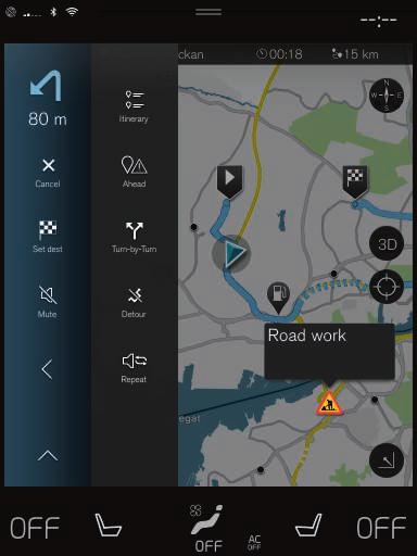 Символи и бутони в навигационната система* Картата в централния дисплей показва символи и цветове, предоставящи информация за различни пътища и района около автомобила и маршрута.