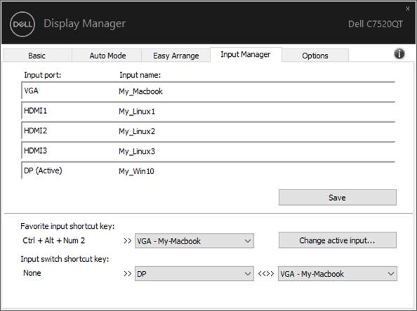 Управление на множество видеовходове Разделът Input Manager осигурява удобни начини да управлявате няколко видеовхода, свързани с монитора на Dell.