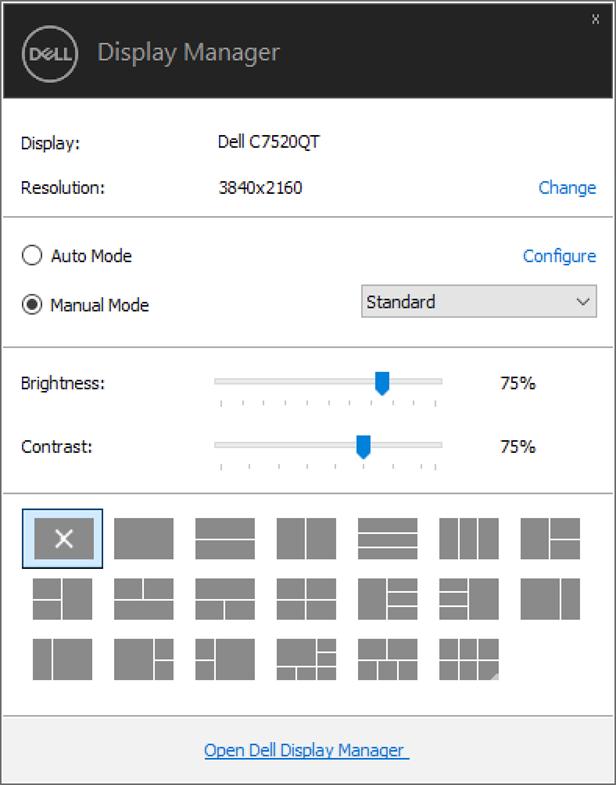 Използване на Диалогов прозорец за бърза настройка Щракването върху иконата на областта за уведомяване на Dell Display Manager отваря диалогов прозорец Quick Settings (Бързи настройки).