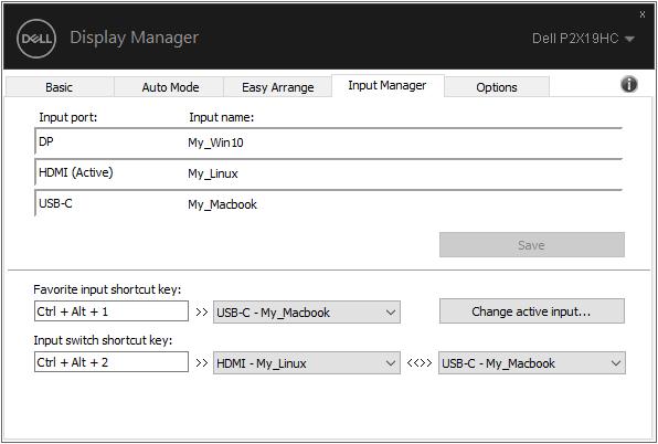 Управление на множество видеовходове Разделът Input Manager осигурява удобни начини да управлявате няколко видеовхода, свързани с монитора на Dell.