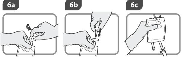 6c Обезвъздушете интравенозната линия съгласно инструкциите на производителя. Окачете инфузионния сак. Стъпка 7 7a Прикрепете венозната линия към мястото за инфузия на пациента.