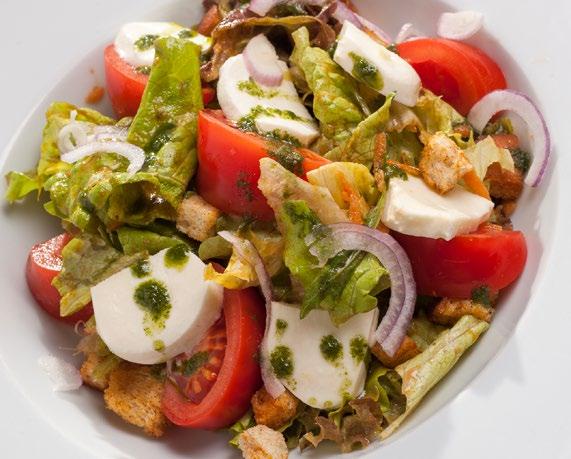 GREENSALAD MIX WITH TOMATOES, MOZ- ZARELLA AND HERB CROUTONS WITH PANZANELLA DRESSING