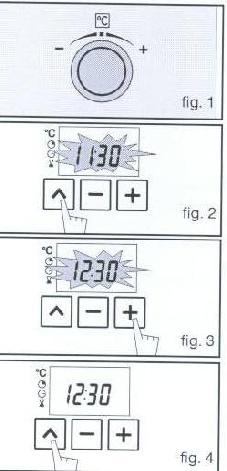 Използване на програматора Настройване на часа - При свързване на фурната дисплеят премигва на 12:00часа (фиг.