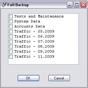 Фиг. 17 - Прозорец за избор на бази данни, за които да бъде направен backup Има възможност за автоматично правене на backup на трафика за конкретния месец.