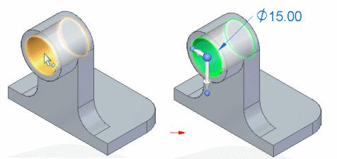Производствени построения (dimples, drawn cutouts) Например, когато щракнете отвор, манипулатора на 2D направляващия волан (A) се показва, заедно с този за редактиране на диаметъра на отвора (B).