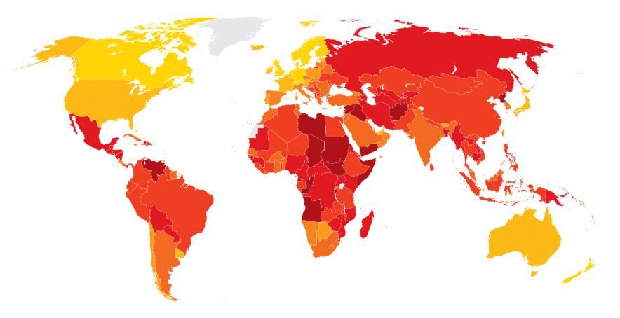 ), Финландия, Сингапур, Швеция и Швейцария (с по 85 т.). В дъното на класацията са Сомалия (10 т.), Сирия и Южен Судан (с по 13 т.). Средната стойност на индекса в световен мащаб за 2018 г. е 43 т.