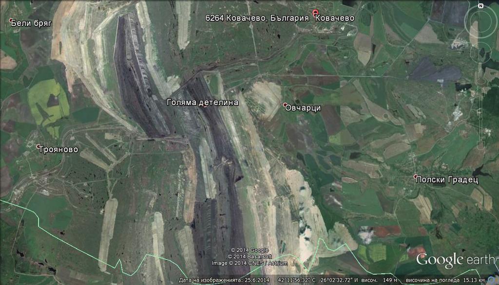Фиг.3 Челният товарач в момента работи в рудниците до с. Ковачево, общ. Раднево (фиг.4). Режимът на работа е различен товаро-разтоварна дейност и пренасяне на товара по определен маршрут. фиг.