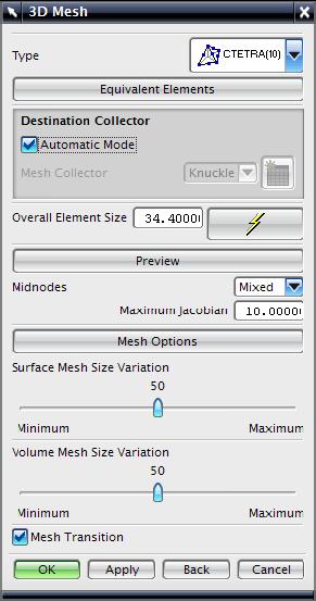 6. За да се уточнят малките толерантности на детайла и свойствата на вдлъбнатините се избира Mesh options Създаване на 3D swept мрежа 1. Избиране на 3D swept мрежа 2.