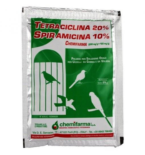 TETRACICLINA 20% SPIRAMICINA 10 % Разтворим прах за употреба при кафезни птици и спортни гълъби Състав: Тетрациклин Спирамицин Носител в 1 гр. се съдържат 200 мг. 100 мг. до 1 гр.