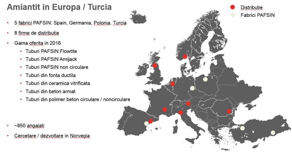 Присъствие в ЕС и Турция - 5 завода за GRP Испания, Германия, Полша, Турция 2; - 8 дистрибуторски фирми; - Портфолио 2016: GRP Flowtite GRP Amijack; GRP