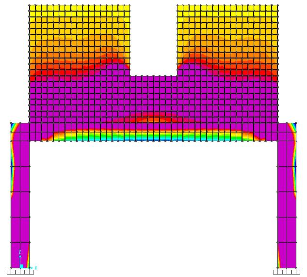 Таблица 2. Резултати от модел по МКЕ за рамка и зид без отвори Сечение N [kn] Q [kn] M [knm] сеч. 1-1 -28,44-3,656 3,747 сеч. 2-2 -3,656 28,44-1,533 сеч. 3-3 15,82 0,01 0,999 Фиг. 4.