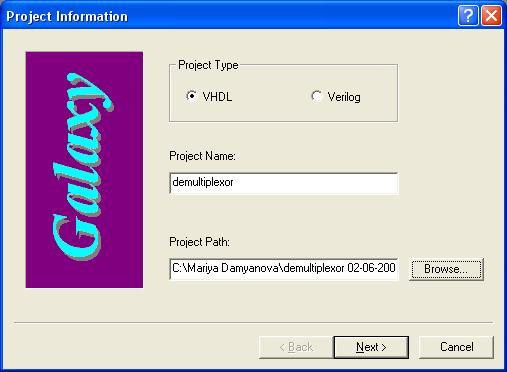 1. Създаване на нов проект demultiplexor Създайте нов проект, използвайки опциите : File > New > Project (Target-Device) > OK Фигура 1