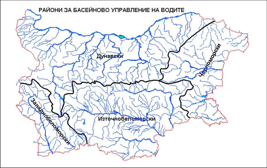 Карта Т10-1 Райони за басейново управление на водите в България Дунавски район с център Плевен - обхващащ водосборните области на реките Искър, Ерма, Нишава, Огоста и