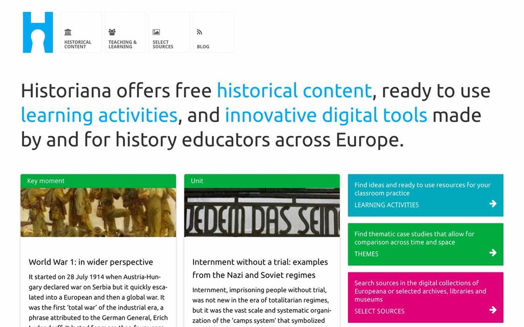 Менюто в горния край служи за достъп до различни раздели на страницата: началната страница, раздела с историческо съдържание, този за преподаватели и учащи се, раздела с електронни уроци eactivity