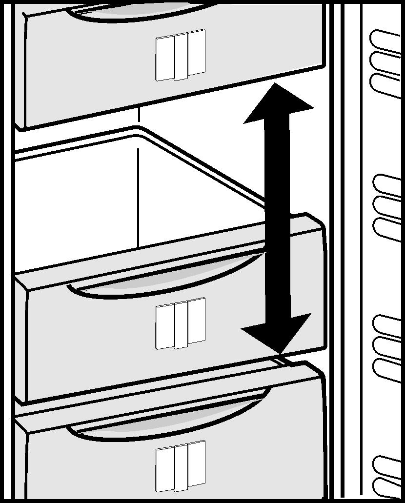 8 Чекмеджета u За да поставите продукти за замразяване директно върху рафтовете: Издърпайте чекмеджето напред и го вдигнете. 5.9 Рафтове u Изваждане на рафтове: вдигнете отпред и издърпайте.