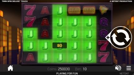 ДИЗАЙН НА ИГРАТА Тема и графика на играта Twin Spin Deluxe за сензорен екран е оживена игра с цветни символи, LED табло на фона и неонови светлини тип Лас Вегас, които светят през цялото време.