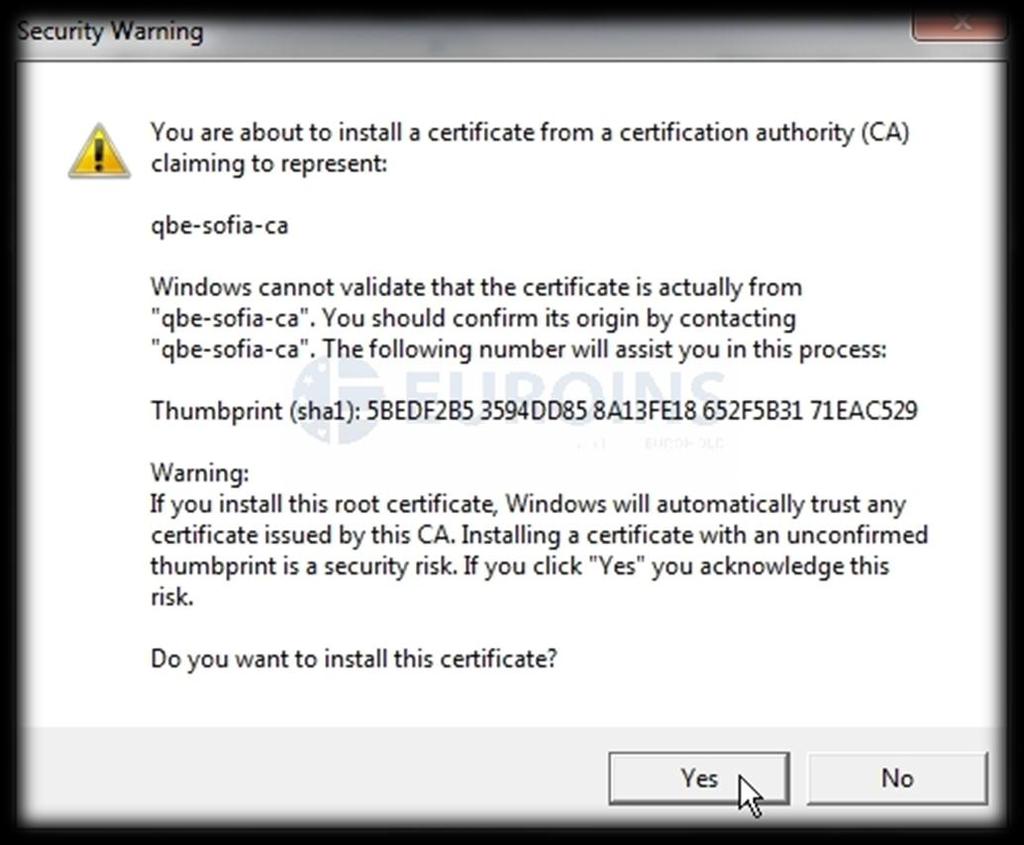 2.8. При натискането на Finish, ще трябва да потвърдите записването на сертификат за удостверене от прозорец Security Warning