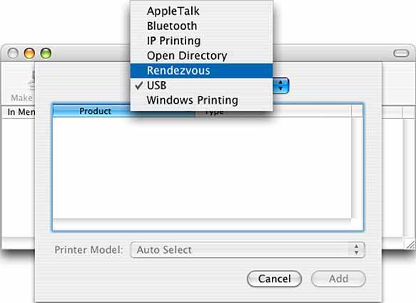 За потребителите на USB интерфейсен кабел 9 За Mac OS X 10.3.9 Щракнете върху [Add] (Добави) и изберете USB в горната част на екрана.