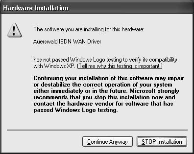 34 4та стъпка: Инсталиране на Auerswald NDISWAN драйвера Инсталиране на NDISWAN драйвера под Windows 2000 и XP По време на инсталацията на CAPI драйвера, Auerswald NDISWAN драйверите ще се инсталират
