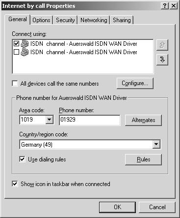 54 Интернет достъп с Dial-Up Network (за Windows 2000) Преминете на General. По подразбиране, в Connect using: е избрано едно устройство.