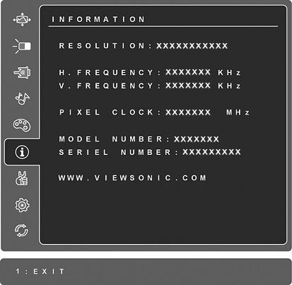 Орган за управление Обяснение Information (Информация) извежда режима на синхронизация (вход на видеосигнал), идващ от графичния адаптер в компютъра, номера на LCD модела, серийния номер и URL на