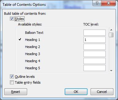 4. От бутона Options (параметри) се отваря диалоговия прозорец Tables of Contents Options. 5.