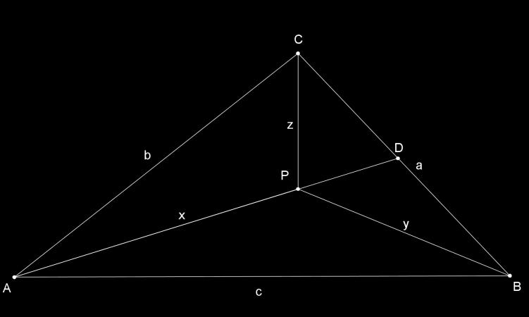 Нека вътрешната точка е P, AC =, BC =, AB =, AP =, BP =, PC =, а правата AP пресича BC в точка D.