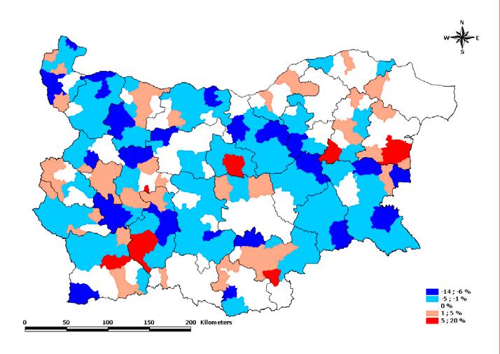 ДЯЛ на ИЗПОЛЗВАНАТА ЗЕМЕДЕЛСКА ПЛОЩ по ОБЩИНИ В горната карта с различен цвят са отразени процентите на относителния дял на използваната земеделска площ на съответнатаобщина през 2001 год.
