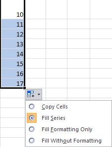 автоматично запълване: Копиране на клетки (Copy Cells); Запълване на серия (Fill Series);