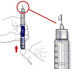 Д. Натиснете докрай бутона за инжектиране. Проверете излиза ли инсулин от върха на иглата. Може да Ви се наложи на направите проверката за безопасност няколко пъти, преди да се появи инсулин.