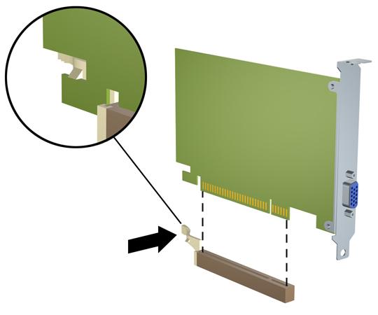c. Ако изваждате платка PCI Express х16, дръпнете задържащото лостче в края на слота за разширение от платката и внимателно разклатете платката напред и назад, докато се освободи от гнездото.