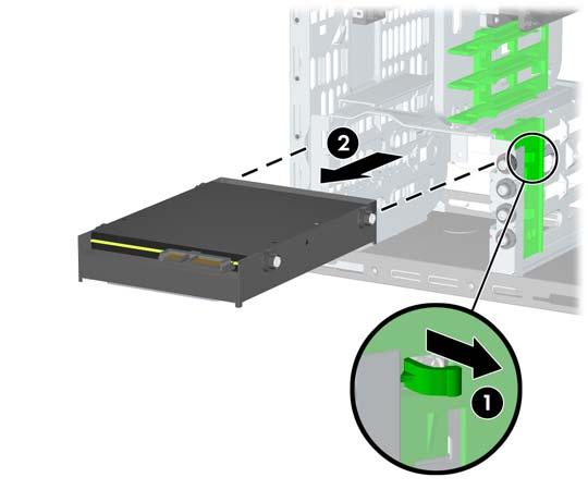 За да извадите твърд диск от вътрешно 3,5-инчово гнездо за устройства, натиснете нагоре зеления заключващ механизъм за твърд диск Drivelock (1) за съответното устройство и