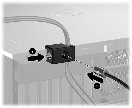 Поставете края за включване на кабела за защита в ключалката (1) и натиснете навътре