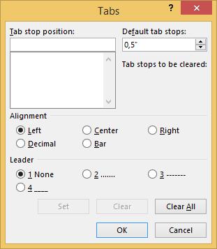 В полето Tab stop position се въвежда стойността на табулатора.